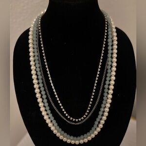 26-28" Sparkling Rhinestone Gold Multi Length Strand Pearl Bead Matinee Necklace